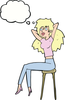 Bir insan tarafından çizilmiş düşünce baloncuğuyla tabureye poz veren çizgi film kadını.