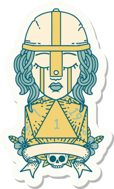 Ağlayan bir insan dövüşçüsünün çıkartması. Bir insan tarafından çizilmiş doğal bir D20 zarı var.