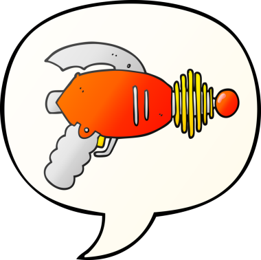 bir insan tarafından çizilmiş, konuşma baloncuklu çizgi film ışın tabancası.