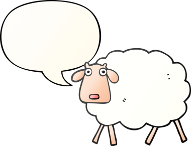 Bir insan tarafından çizilmiş, konuşma baloncuklu çizgi film koyunu.