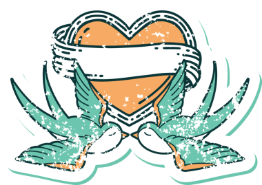 Kederli sembolik dövme stili kırlangıçlar ve bir insan tarafından çizilmiş sancaklı kalp.