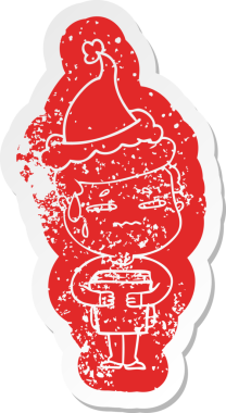 Garip bir çizgi film. Endişeli bir çocuğun çıkartması. Elinde kitap taşıyan, Noel Baba şapkası takan bir insan tarafından çizilmiş.