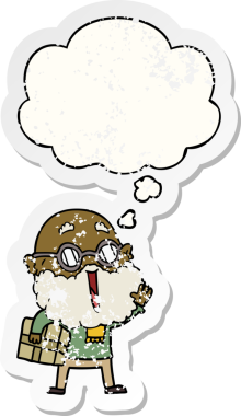 Komik sakallı ve kolunun altında düşünce baloncuğu olan neşeli çizgi film adamı bir insan tarafından çizilmiş yıpranmış bir çıkartma gibi.