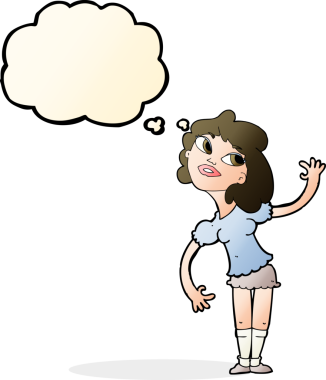 Bir insan tarafından çizilmiş düşünce baloncuğuyla el sallayan çizgi film kadını.