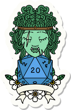 Bir insan tarafından çizilmiş doğal 20 zarlı yarı ork barbar bir karakterin çıkartması.