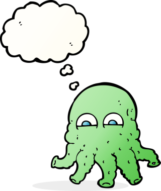 Bir insan tarafından çizilmiş düşünce baloncuklu uzaylı mürekkep balığı yüzü.