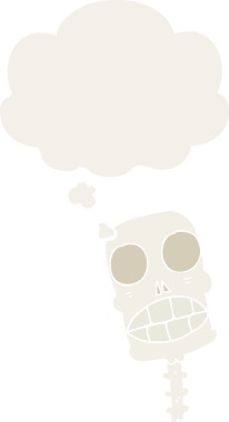 Düşünce baloncuğu olan, bir insan tarafından çizilmiş garip bir kafatası.