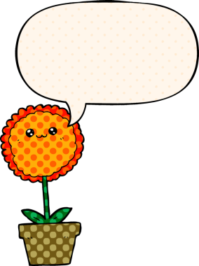 Bir insan tarafından çizilmiş çizgi roman tarzında konuşma baloncuğu olan karikatür çiçeği.