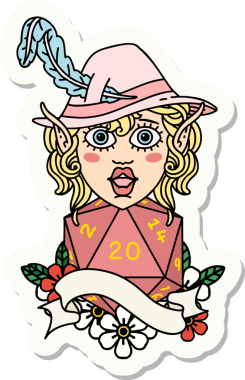 Bir insan tarafından çizilmiş doğal yirmilik bir elf ozan karakterinin çıkartması.