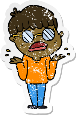 Bir insan tarafından çizilmiş gözlük takan kafası karışmış bir çizgi film karakterinin sıkıntılı çıkartması.