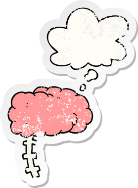 Düşünce baloncuklu çizgi film beyni bir insan tarafından çizilmiş yıpranmış bir çıkartma gibi.