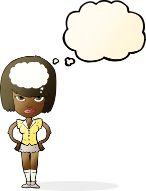 Bir insan tarafından çizilmiş düşünce baloncuğuyla düşünen çizgi film kadını.