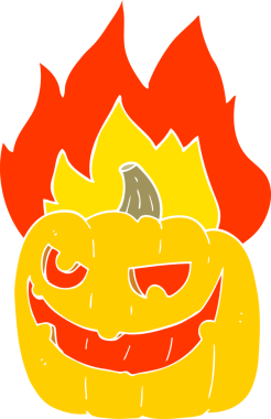 Bir insan tarafından çizilmiş alevli Cadılar Bayramı balkabağının düz renk çizimi