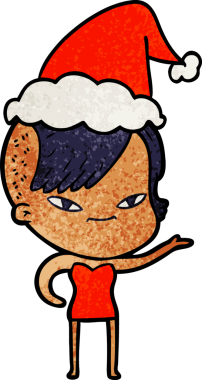 Hipster saç kesimli, Noel Baba şapkası takan bir kızın çizilmiş güzel el çizimi bir insan tarafından çizilmiş.