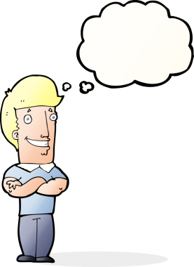 Bir insan tarafından çizilmiş düşünce baloncuğuyla sırıtan katlanmış kolları olan çizgi film adamı.