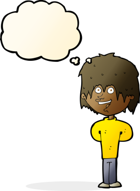 çizgi film mutlu pasaklı çocuk bir insan tarafından çizilmiş düşünce balonuyla