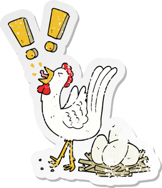 Bir insan tarafından çizilmiş yumurta yumurtlayan çizgi film tavuğunun sıkıntılı çıkartması.