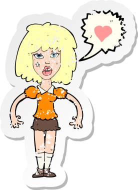 Bir insan tarafından çizilmiş sert bir kadının retro sıkıntılı çıkartması.