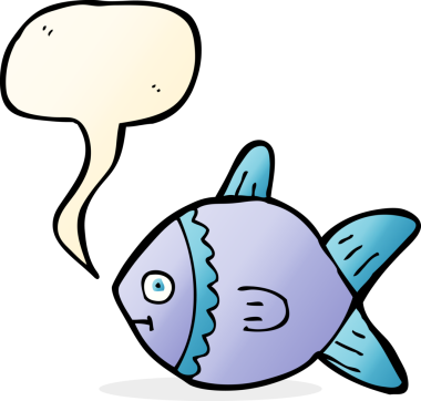 Bir insan tarafından çizilmiş konuşma balonlu çizgi film balığı.