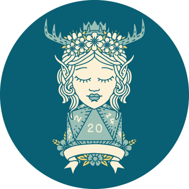 Retro Dövme Tarzı Elf Karakteri Bir insan tarafından çizilmiş doğal 20 zar ile