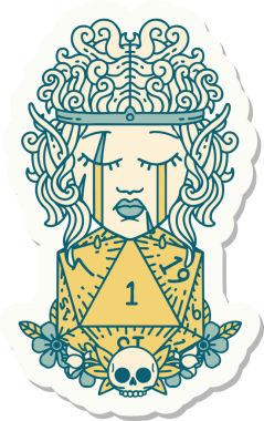 Ağlayan elf barbar karakterinin çıkartması. Bir insan tarafından çizilmiş doğal bir D20 rulo.