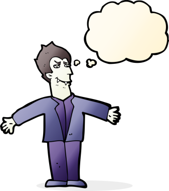 Bir insan tarafından çizilmiş düşünce balonuyla kollarını açmış vampir bir çizgi film karakteri.