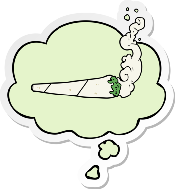 İnsan tarafından çizilmiş bir çıkartma olarak düşünce baloncuklu marihuana eklemi.