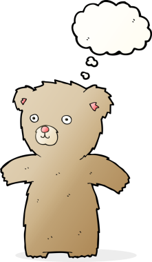 Bir insan tarafından çizilmiş düşünce baloncuğu olan sevimli çizgi film ayısı.