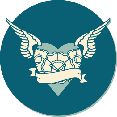 Geleneksel kalp stili dövme çıkartması. Kanatları, çiçekleri ve insan sancağıyla çizilmiş.