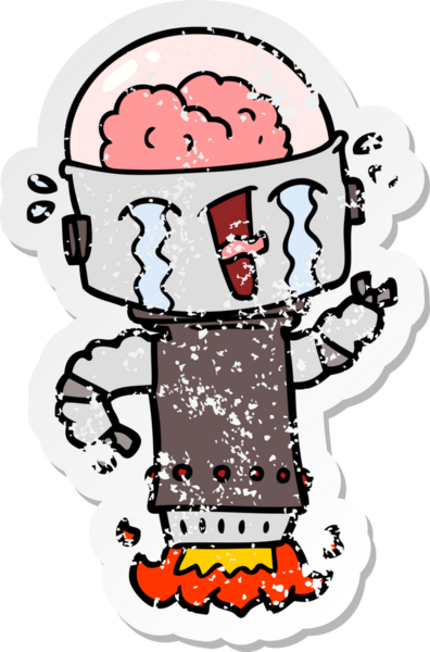 Bir insan tarafından çizilmiş ağlayan robot karikatür çıkartması.