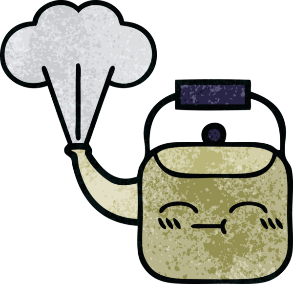 Bir insan tarafından çizilen dumanı tüten bir çaydanlığın retro grunge desenli karikatürü