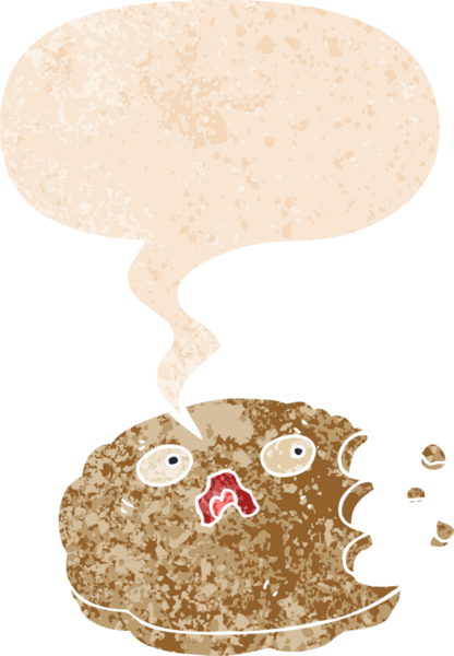 Isırılmış çizgi film kurabiyesi ve grunge içinde konuşma kabarcığı bir insan tarafından çizilmiş sıkıntılı retro dokuma tarzı