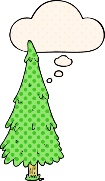Çizgi roman tarzında bir insan tarafından çizilmiş düşünce baloncuğu olan bir noel ağacı.