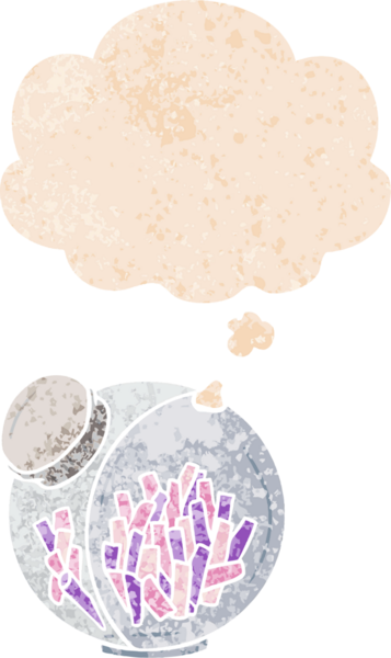 Kavanozda çizgi film şekeri ve grunge içinde düşünce baloncuğu bir insan tarafından çizilmiş desenli sıkıntılı retro tarzı