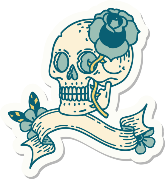 Bir insan tarafından çizilmiş kafatası ve gül şeklinde dövme stili.