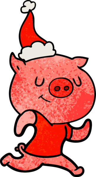Mutlu el çizimi bir insan tarafından çizilmiş Noel Baba şapkasıyla koşan bir domuzun çizgi filmi.