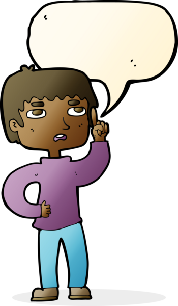 Bir insan tarafından çizilmiş bir konuşma balonuyla soru soran çizgi film çocuğu.