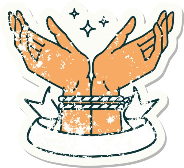 Bir insan tarafından çizilmiş bir çift elin bayrağı olan eski bir çıkartma.