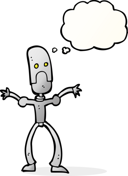 Bir insan tarafından çizilmiş düşünce baloncuklu komik robot.