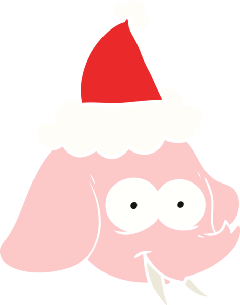 Bir insan tarafından çizilmiş Noel Baba şapkası giyen bir fil yüzünün düz renkli çizimi.