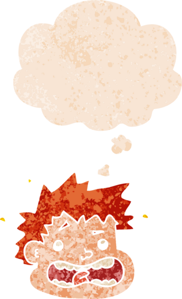 Düşünce baloncuklu karikatür korkmuş yüz grunge sıkıntılı retro dokuma tarzı bir insan tarafından çizilmiş