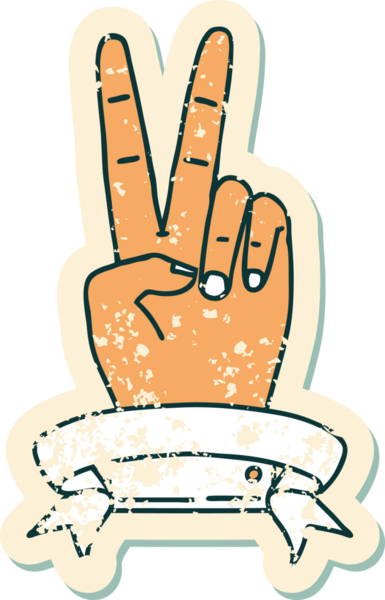 Bir barışın grunge sticker 'ı. Bir insan tarafından çizilmiş iki parmak hareketi.