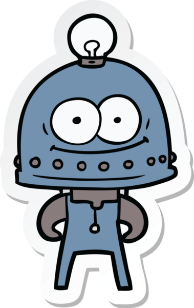 Bir insan tarafından çizilmiş mutlu bir karton robotun çıkartması.