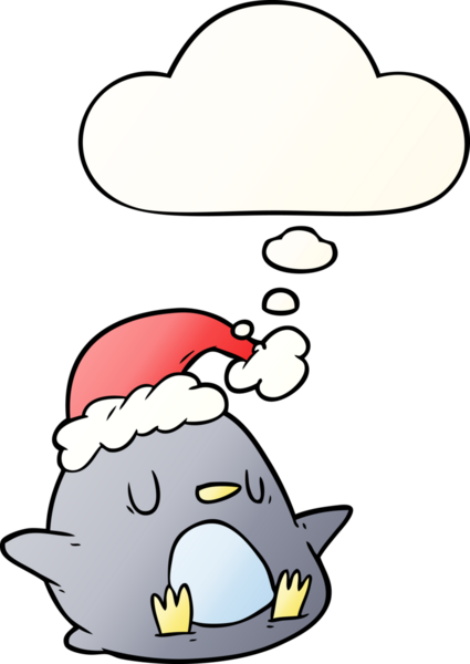 Bir insan tarafından çizilmiş yumuşak eğimli düşünce kabarcığı olan sevimli penguen çizgi filmi.