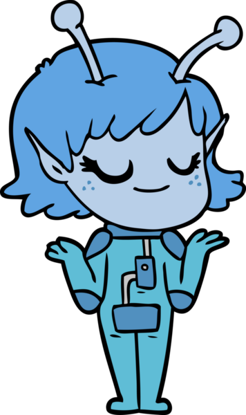 Bir insan tarafından çizilmiş gülümseyen uzaylı kız çizgi filmi.