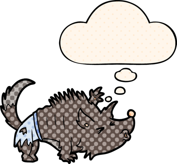 Çizgi roman tarzında bir insan tarafından çizilmiş düşünce baloncuğu olan bir kurt adam.