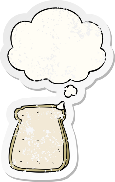 Düşünce baloncuklu bir ekmek dilimi insan tarafından çizilmiş yıpranmış bir çıkartma gibi.