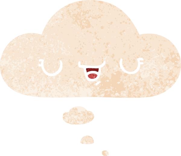 Düşünce baloncuğu ve grunge ile mutlu çizgi film ifadesi bir insan tarafından çizilmiş sıkıntılı retro dokuma tarzı