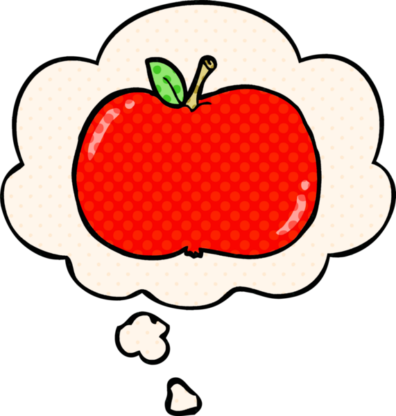 Çizgi roman tarzında bir insan tarafından çizilmiş düşünce baloncuklu çizgi film elması.