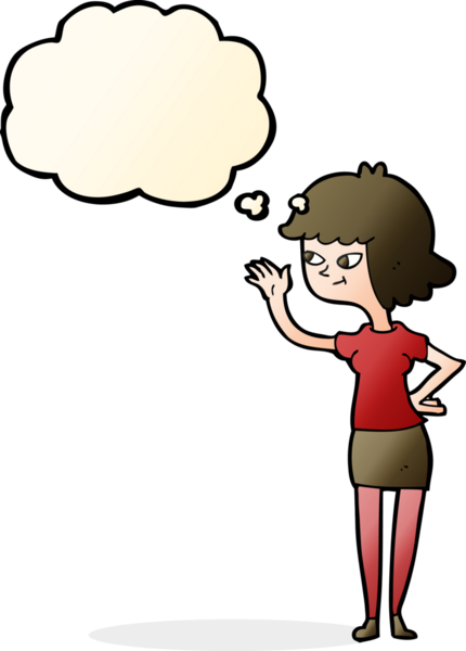 Çizgi film dostu kız bir insan tarafından çizilmiş düşünce balonuyla el sallıyor.